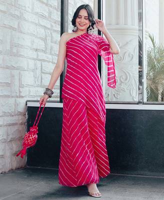 Pink One Shoulder Laheriya Print Kurta Set 5