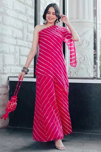 Pink One Shoulder Laheriya Print Kurta Set
