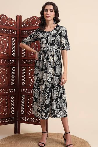 Aayumi black floral printed fit and flare maxi dress