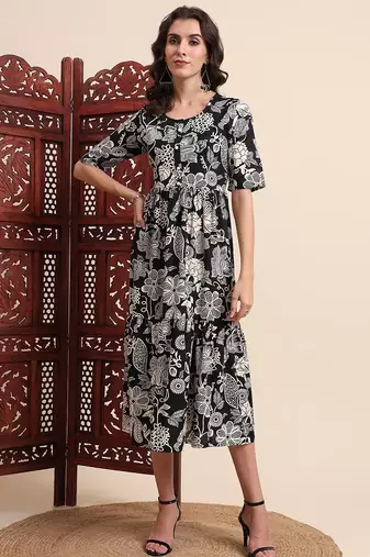 Aayumi black floral printed fit and flare maxi dress