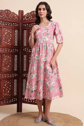 Aayumi pink floral printed fit and flare maxi dress