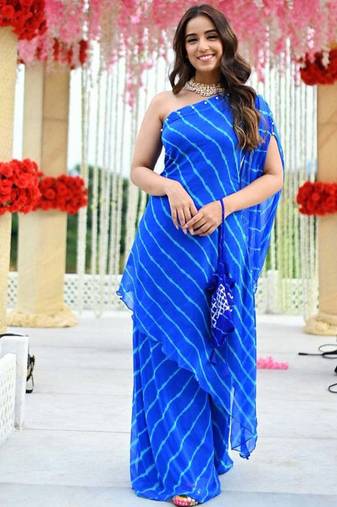 Embellished Blue One Shoulder Kurta Set Beautiful Laheriya Kurta Set