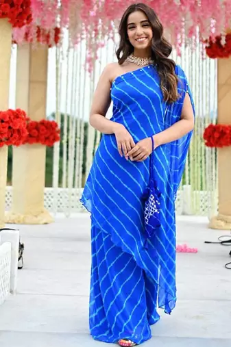 Embellished Blue One Shoulder Kurta Set Beautiful Laheriya Kurta Set