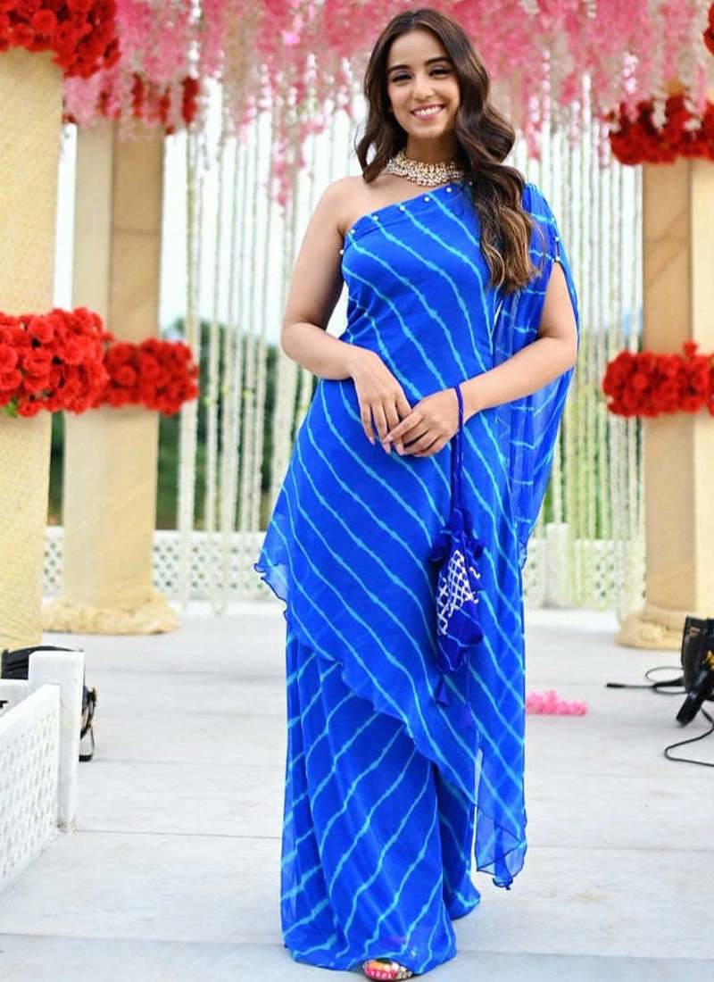 Embellished Blue One Shoulder Kurta Set Beautiful Laheriya Kurta Set
