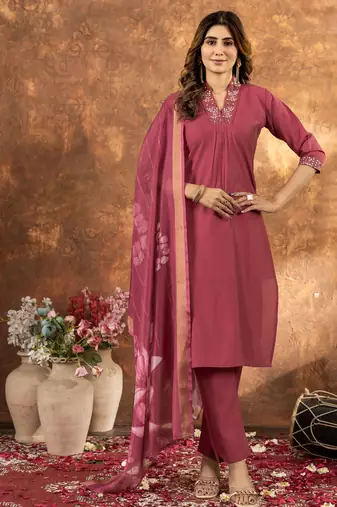 gajari Designer Straight Kurti Pant Dupatta Set With Embroidery And Hand Work