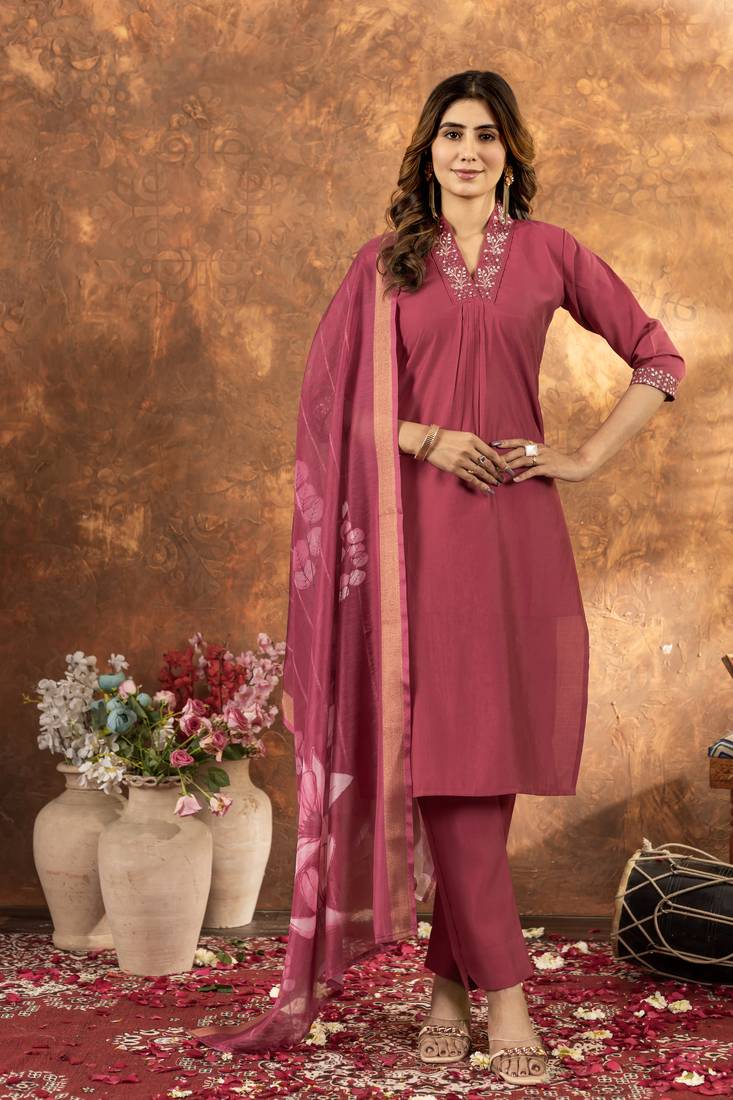gajari Designer Straight Kurti Pant Dupatta Set With Embroidery And Hand Work