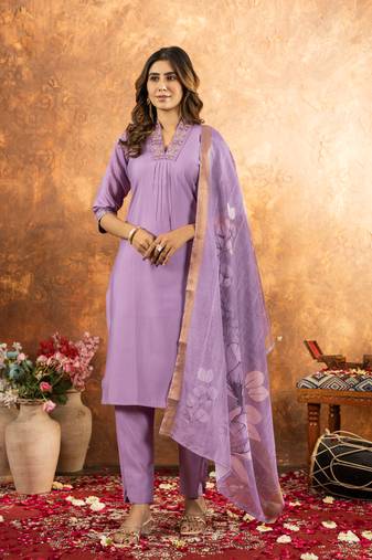 Lavender Designer Straight Kurti Pant Dupatta Set With Embroidery And Hand Work