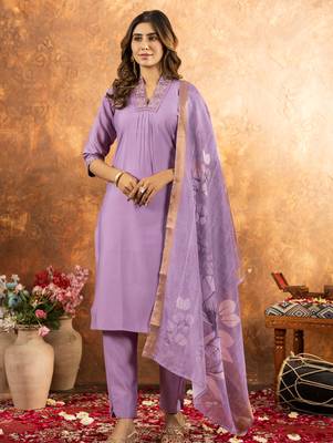 Lavender Designer Straight Kurti Pant Dupatta Set With Embroidery And Hand Work 1