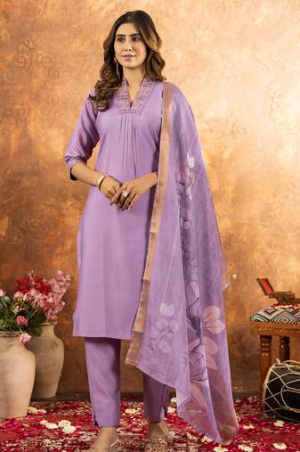 Lavender Designer Straight Kurti Pant Dupatta Set With Embroidery And Hand Work