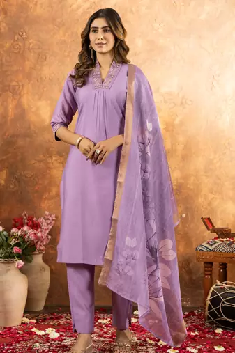 Lavender Designer Straight Kurti Pant Dupatta Set With Embroidery And Hand Work
