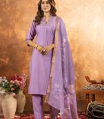 Lavender Designer Straight Kurti Pant Dupatta Set With Embroidery And Hand Work