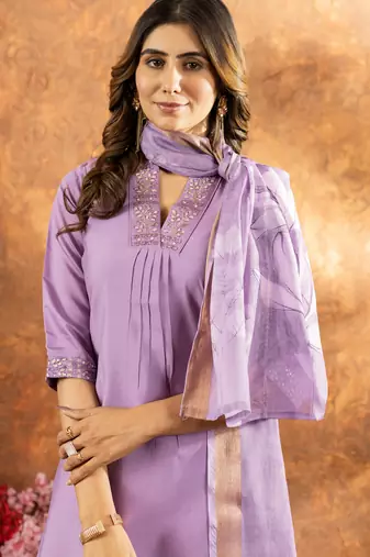 Lavender Designer Straight Kurti Pant Dupatta Set With Embroidery And Hand Work