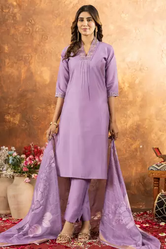 Lavender Designer Straight Kurti Pant Dupatta Set With Embroidery And Hand Work