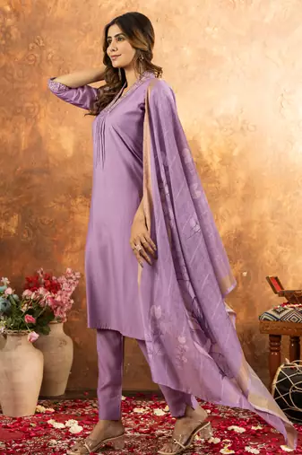 Lavender Designer Straight Kurti Pant Dupatta Set With Embroidery And Hand Work
