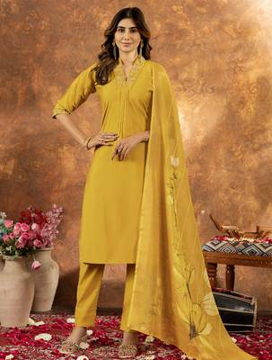 Musterd Designer Straight Kurti Pant Dupatta Set With Embroidery And Hand Work 1