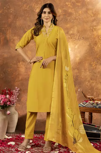 Musterd Designer Straight Kurti Pant Dupatta Set With Embroidery And Hand Work