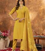 Musterd Designer Straight Kurti Pant Dupatta Set With Embroidery And Hand Work