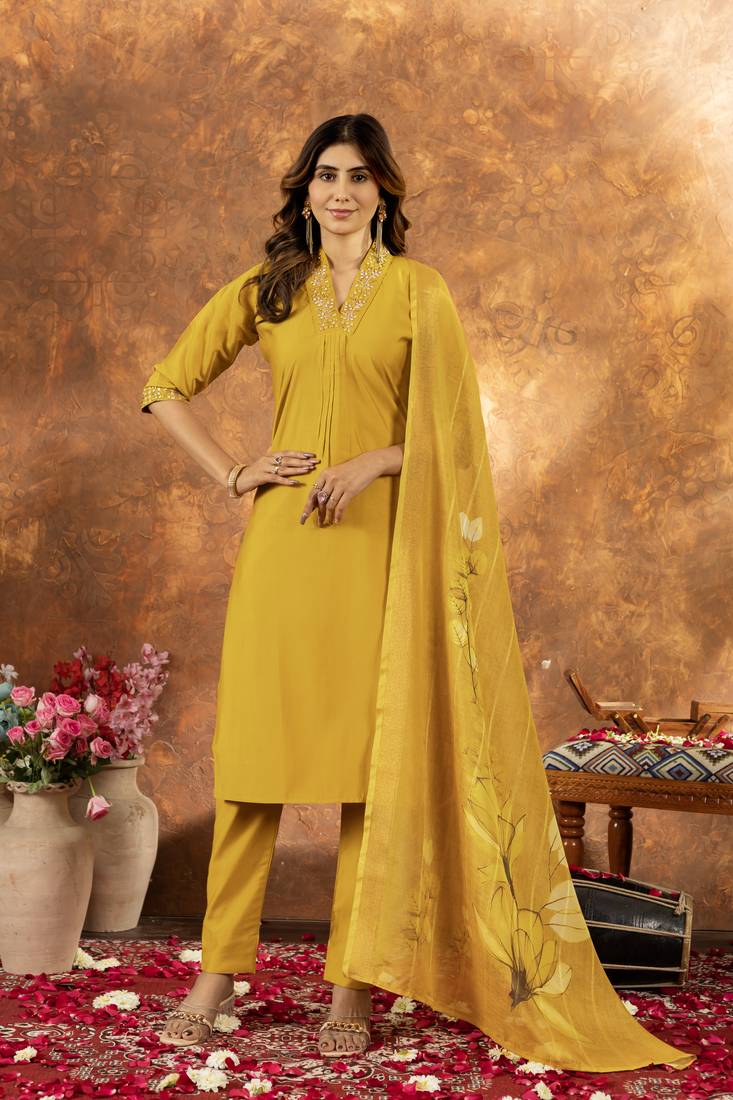 Musterd Designer Straight Kurti Pant Dupatta Set With Embroidery And Hand Work