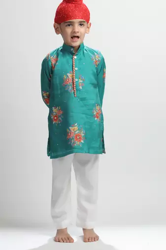 Green printed cotton kurta pyjama