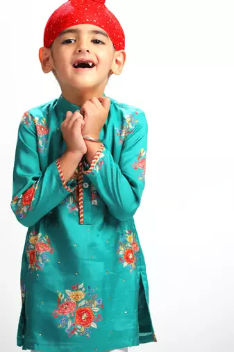 Green printed cotton kurta pyjama
