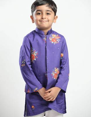 Purple printed cotton nehru jacket set 1