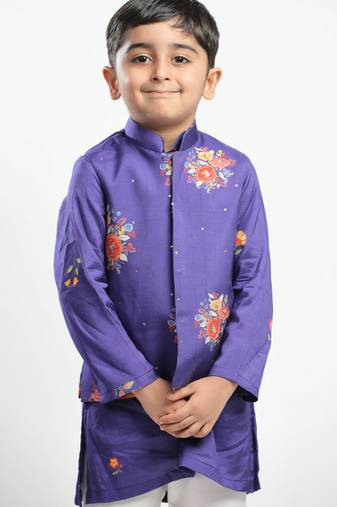 Purple printed cotton nehru jacket set