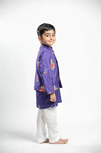 Purple printed cotton nehru jacket set
