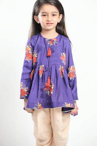 Purple printed cotton kurta set