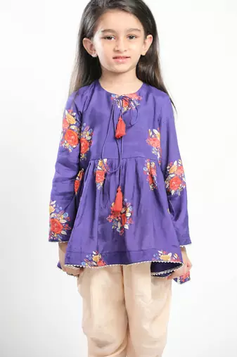 Purple printed cotton kurta set