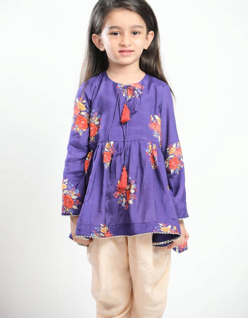 Purple printed cotton kurta set