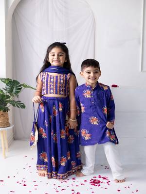 Purple printed cotton lehenga with hair clip & potli bag. 2