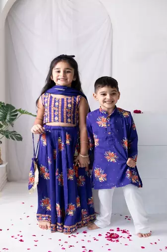 Purple printed cotton lehenga with hair clip & potli bag.