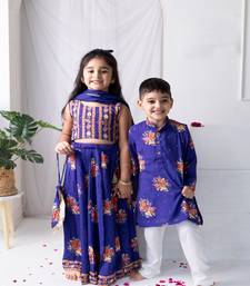 Purple printed cotton lehenga with hair clip & potli bag.