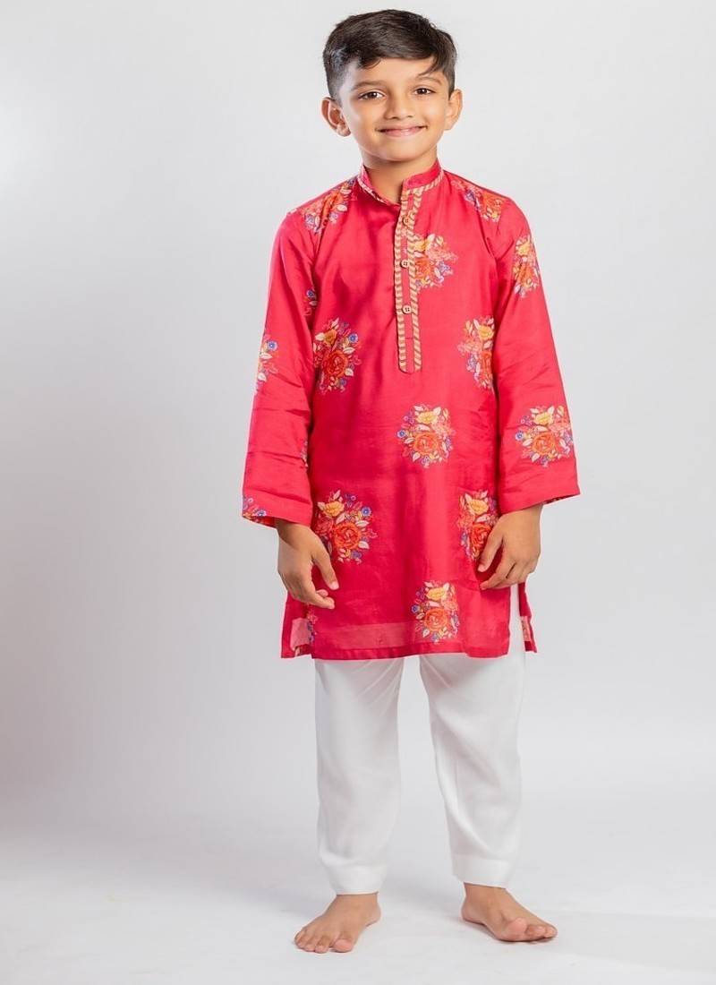 Red printed cotton kurta pyjama