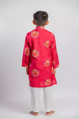Red printed cotton kurta pyjama