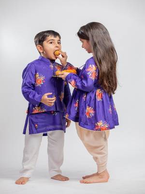 Purple printed cotton nehru jacket set 3