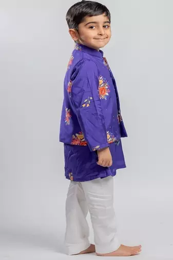 Purple printed cotton nehru jacket set