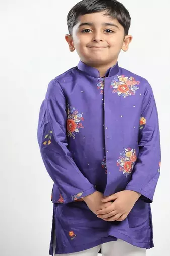 Purple printed cotton nehru jacket set