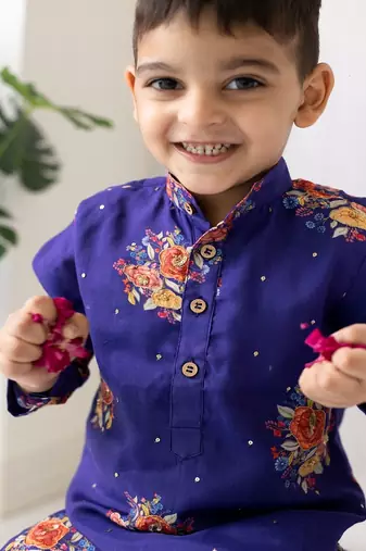 Purple printed cotton kurta pyjama