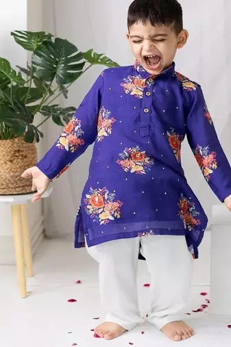 Purple printed cotton kurta pyjama