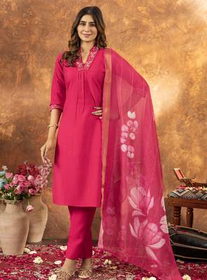 Pink Designer Straight Kurti Pant Dupatta Set With Embroidery And Hand Work 1