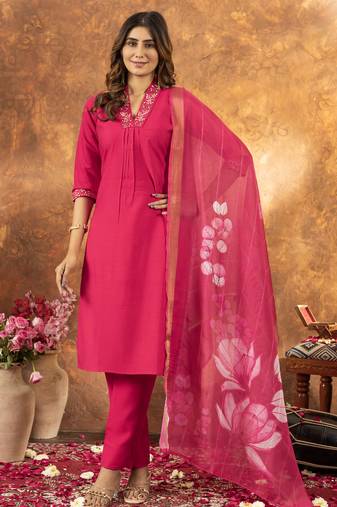 Pink Designer Straight Kurti Pant Dupatta Set With Embroidery And Hand Work