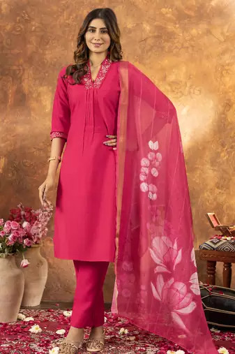 Pink Designer Straight Kurti Pant Dupatta Set With Embroidery And Hand Work