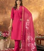 Pink Designer Straight Kurti Pant Dupatta Set With Embroidery And Hand Work
