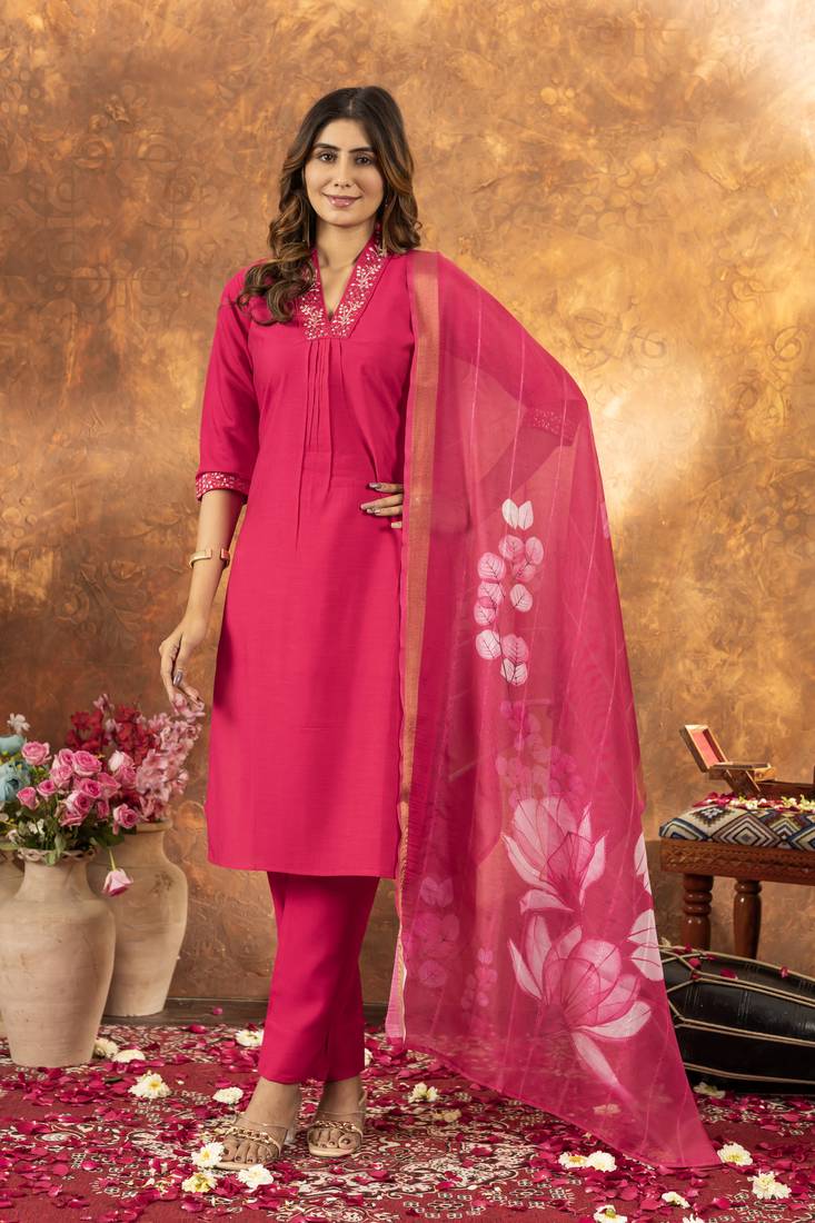 Pink Designer Straight Kurti Pant Dupatta Set With Embroidery And Hand Work