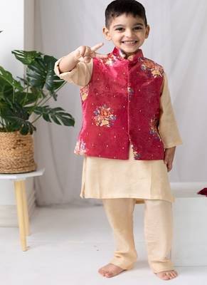 Red printed cotton nehru jacket set 1