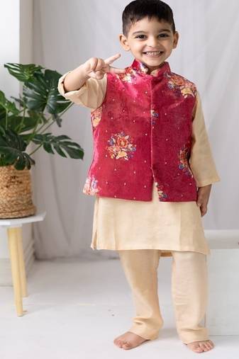 Red printed cotton nehru jacket set