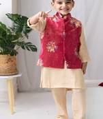 Red printed cotton nehru jacket set