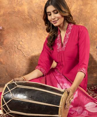 Pink Designer Straight Kurti Pant Dupatta Set With Embroidery And Hand Work 3