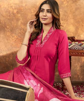 Pink Designer Straight Kurti Pant Dupatta Set With Embroidery And Hand Work 4